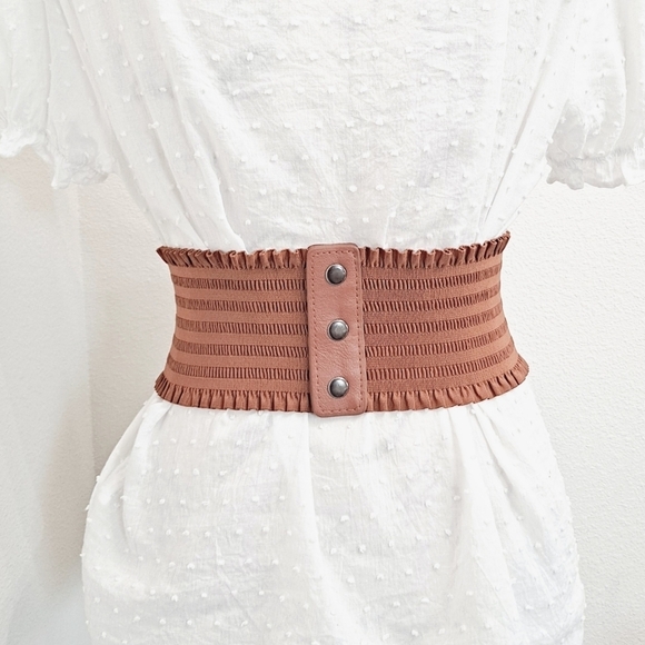 Corset Boho Wide Brown Belt lace up elastic stretch waist ruffle Statement S/M - Picture 10 of 11